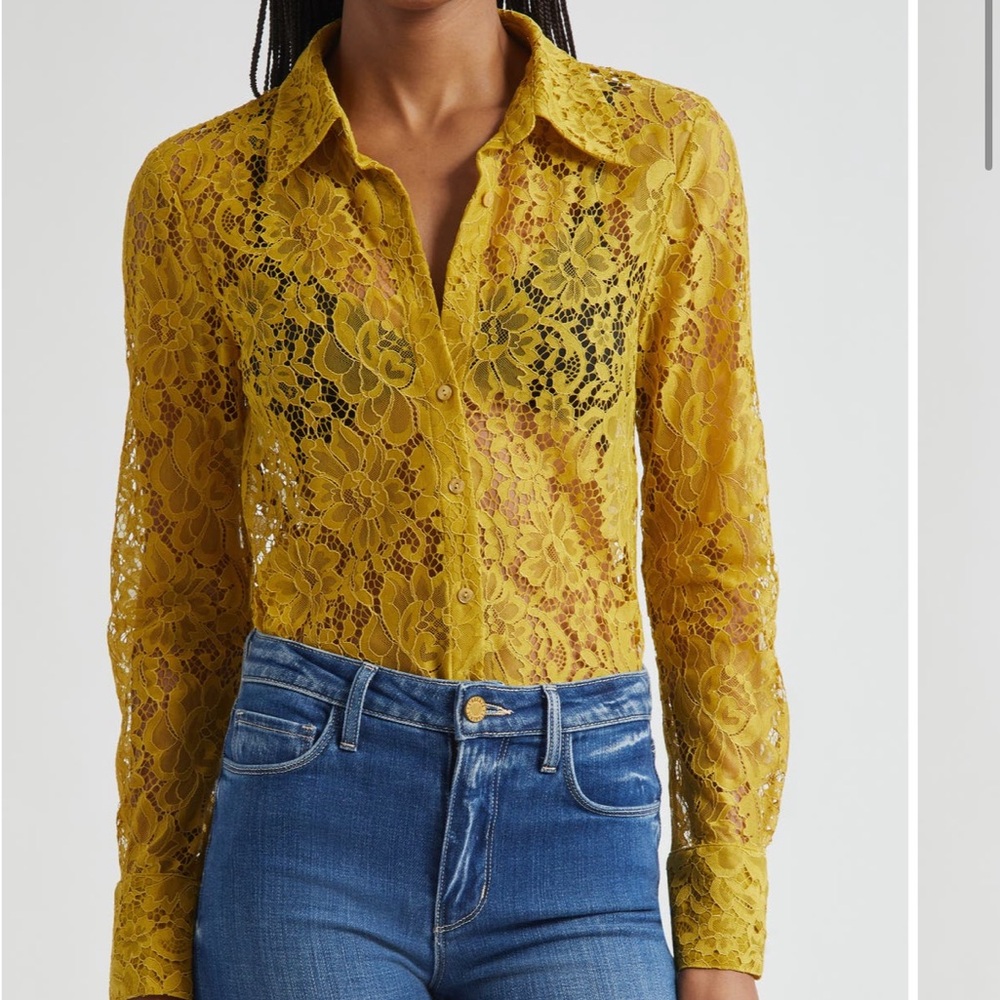 L'AGENCE Yellow Lace Long Sleeve Blouse